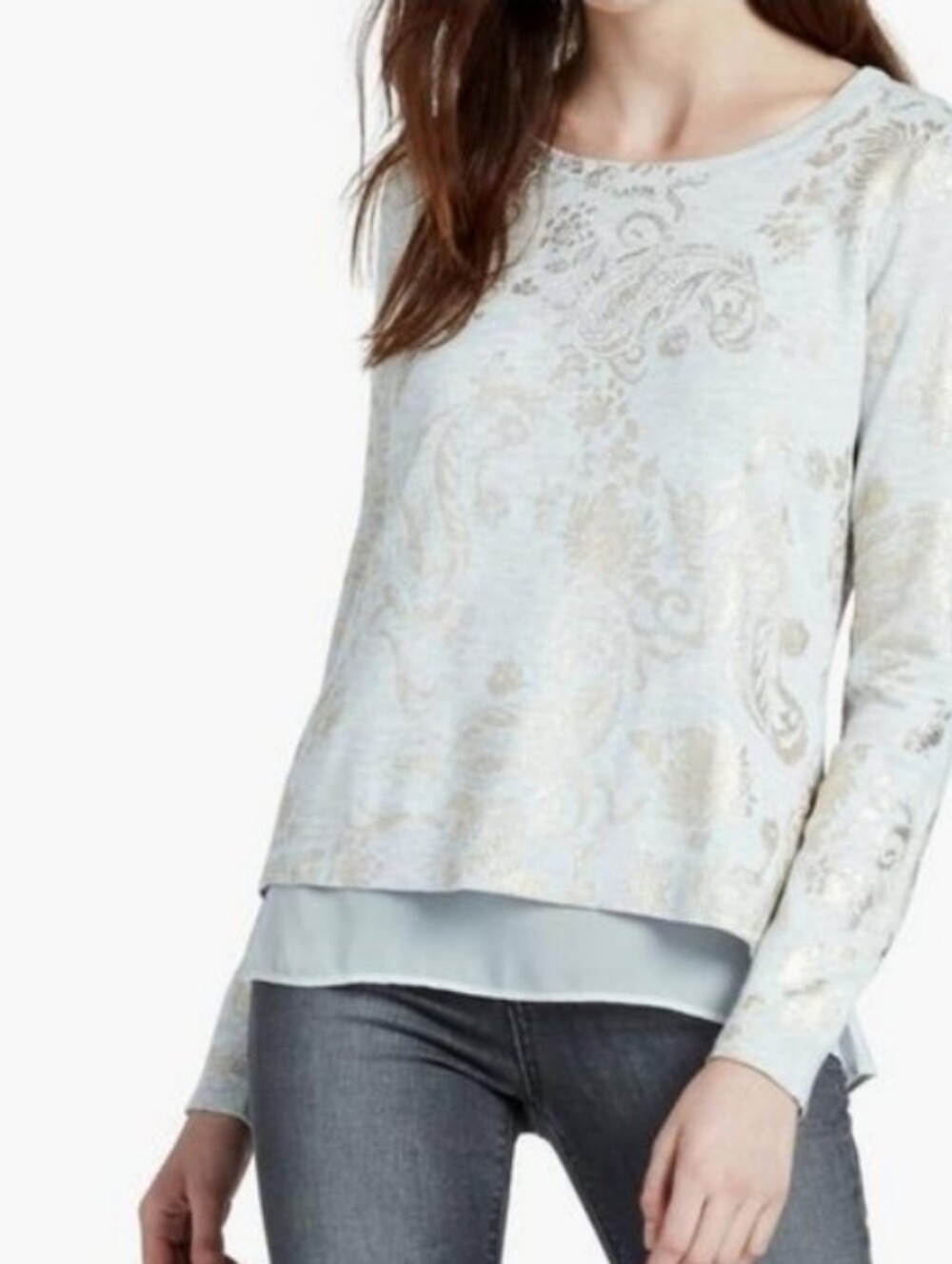 Lucky Brand Champagne Paisley Sweater Size XL Gray Gold Foil Chiffon Lining
